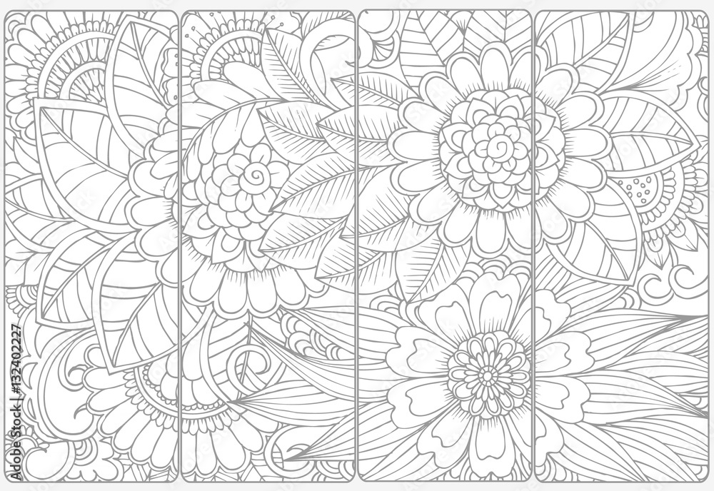 Set of four monochrome bookmarks .Floral doodling for coloring Set of four monochrome bookmarks .Floral doodling for coloring