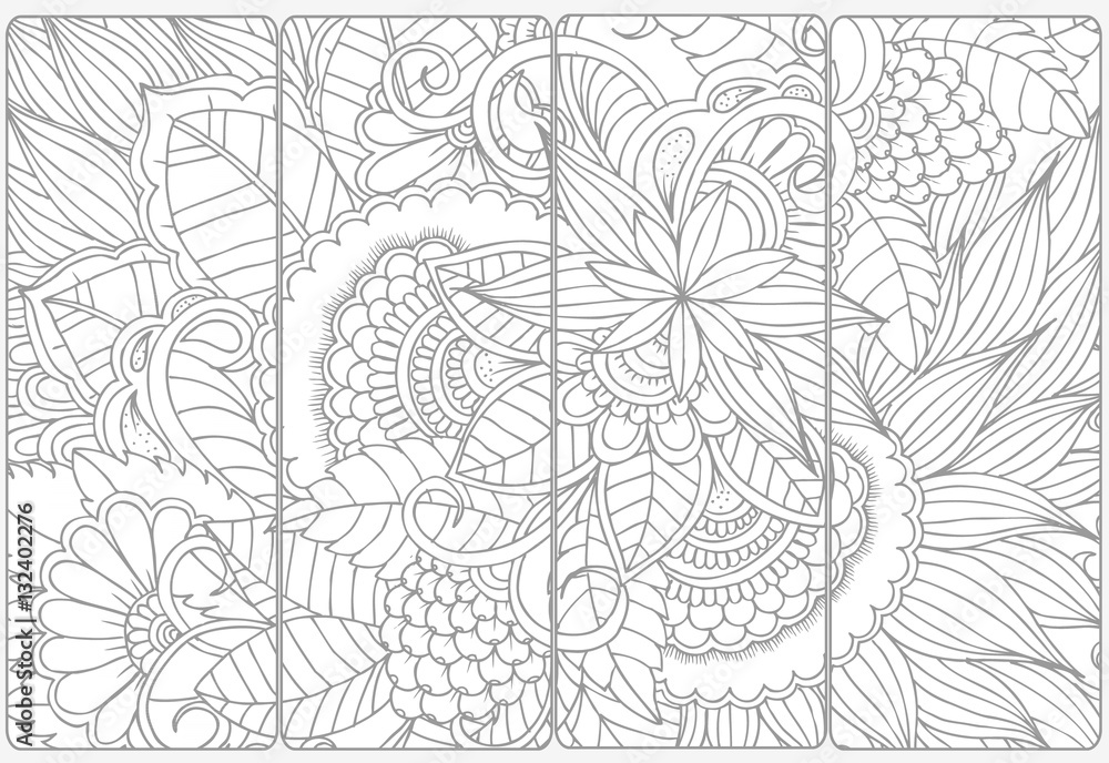 Set of four monochrome bookmarks .Floral doodling for coloring Set of four monochrome bookmarks .Floral doodling for coloring