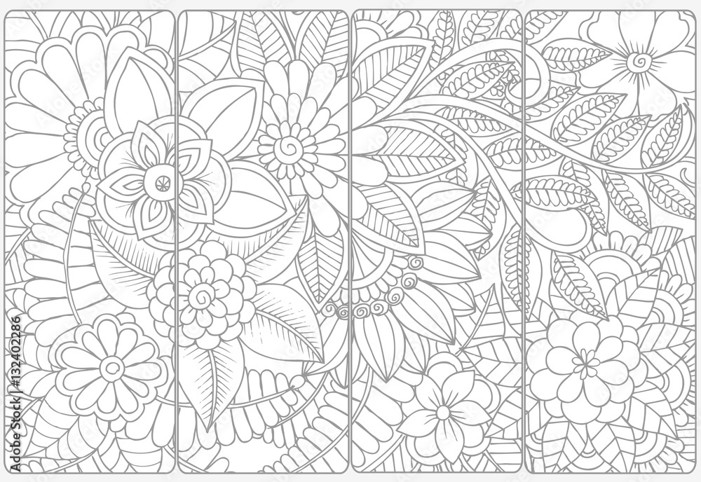 Set of four monochrome bookmarks .Floral doodling for coloring