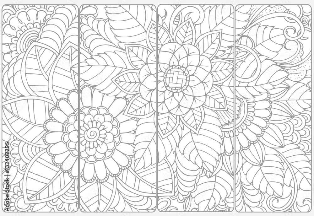 Set of four monochrome bookmarks .Floral doodling for coloring Set of four monochrome bookmarks .Floral doodling for coloring