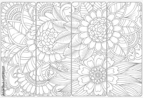 Set of four monochrome bookmarks .Floral doodling for coloring