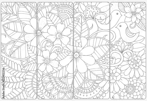 Set of four monochrome bookmarks .Floral doodling for coloring