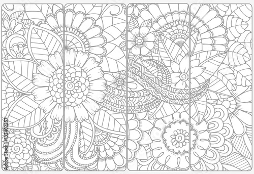 Set of four monochrome bookmarks .Floral doodling for coloring
