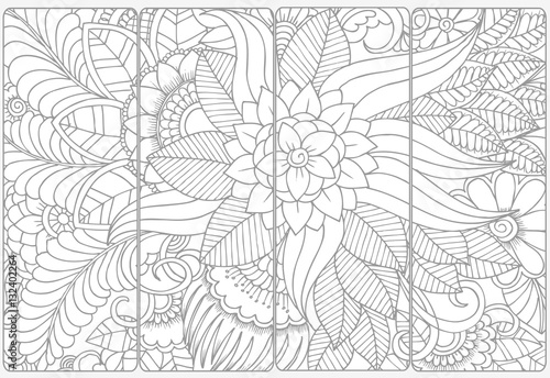 Set of four monochrome bookmarks .Floral doodling for coloring