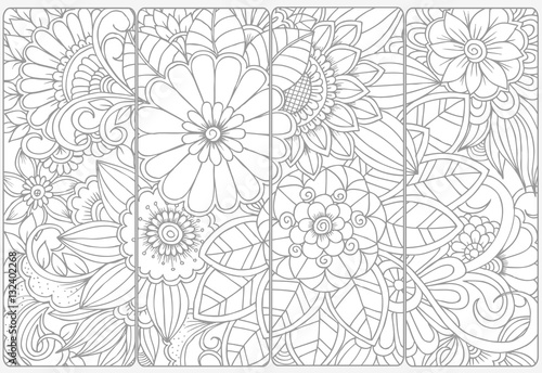 Set of four monochrome bookmarks .Floral doodling for coloring
