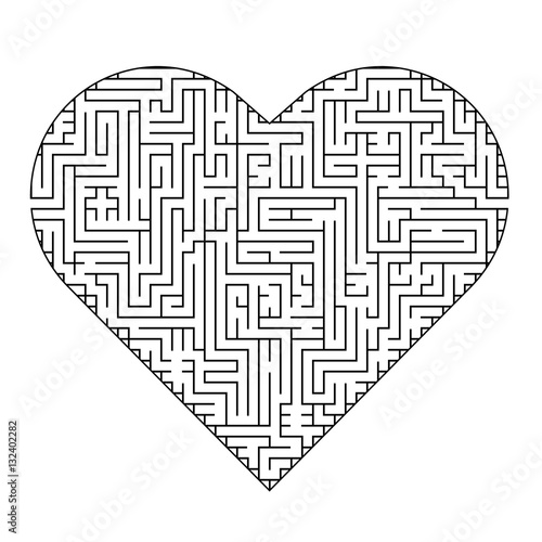 Complex maze puzzle game (high level of difficulty). Heart as a labyrinth. Puzzle for St. Valentine Day (14 February)
