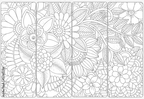 Set of four monochrome bookmarks .Floral doodling for coloring