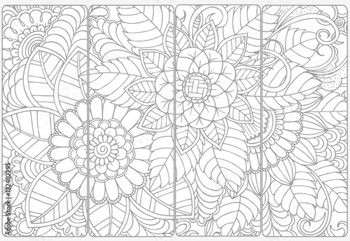 Set of four monochrome bookmarks .Floral doodling for coloring