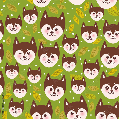 seamless pattern funny brown husky dog and leaves, Kawaii face with large eyes and pink cheeks, boy and girl on green background. Vector