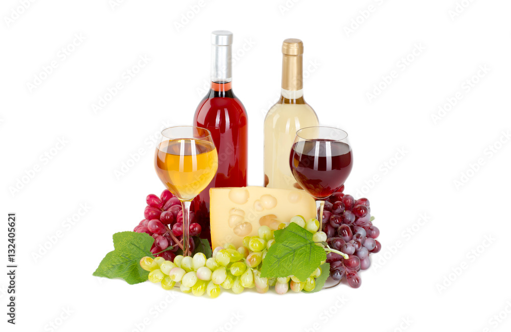 Fototapeta premium Set of white and rose wine bottles, glas and cheese, red and white grapes. isolated on white background 