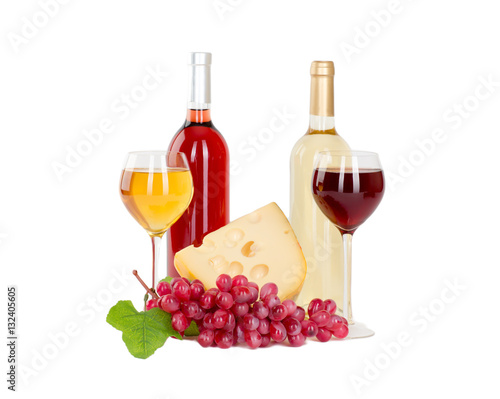 Set of white and rose wine bottles, glas and cheese, red and white grapes. isolated on white background 