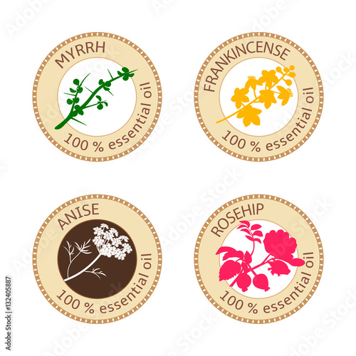 Set of flat essential oil labels. 100 percent. Myrrh, anise, rosehip, frankincense