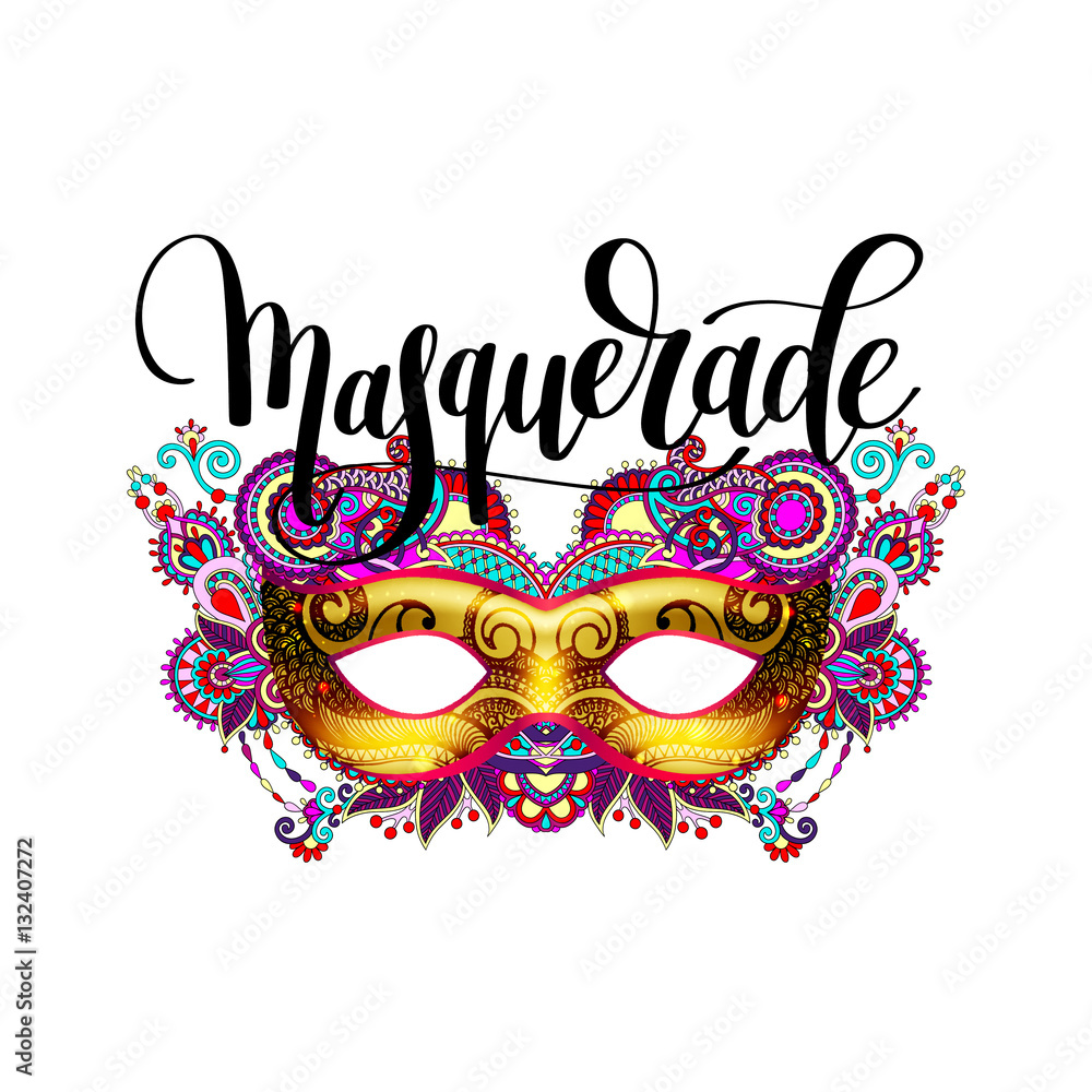 masquerade lettering logo design with mask and hand written word