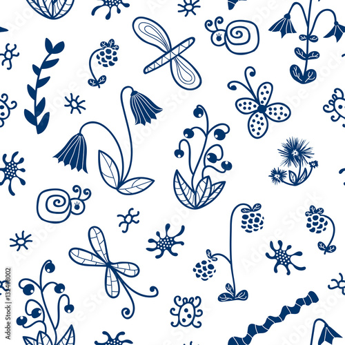 Seamless pattern of doodle flowers  butterflies  crawlies and bugs. Vector allover design of hand drawn motifs for fabric prints  gift wrap  wallpapers  floral backgrounds and scrapbooking.