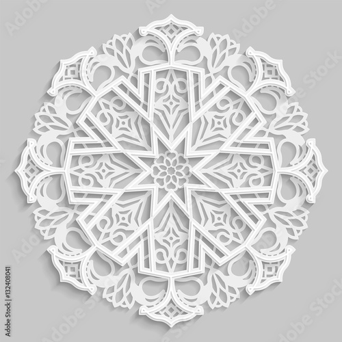 Lace 3D mandala  round symmetrical openwork pattern  lacy doily  decorative  snowflake  arabic ornament  indian ornament  embossed pattern  decorative design element   vector