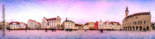 Sunset Skyline of Tallinn Town Hall Square or Old Market Square, Estonia. Panoramic montage from 24 HDR images