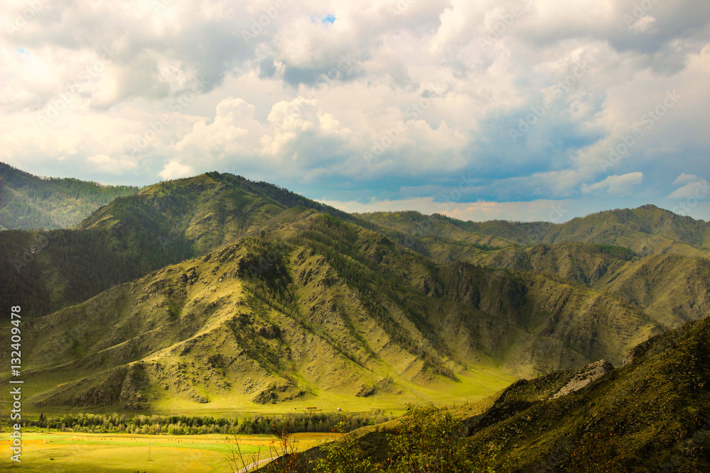 Top view of mountain valley in Altai region on a Sunny summer day