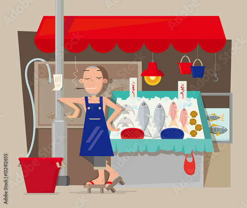 Vector illustration of seafood stall vendor in Hong Kong
