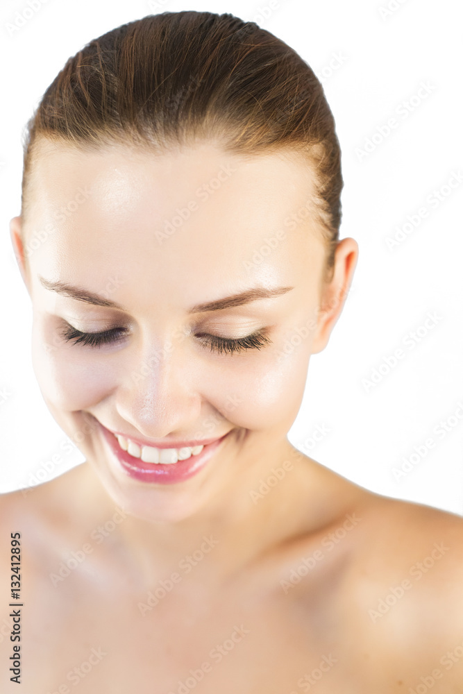 Brunette woman with natural make up  highlights isolated