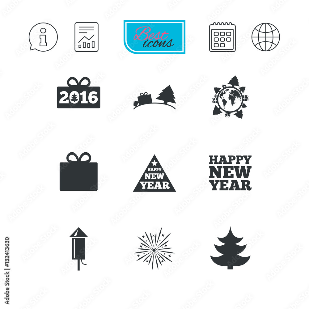 Christmas, new year icons. Gift box, fireworks. Christmas, new year icons. Gift box, fireworks.