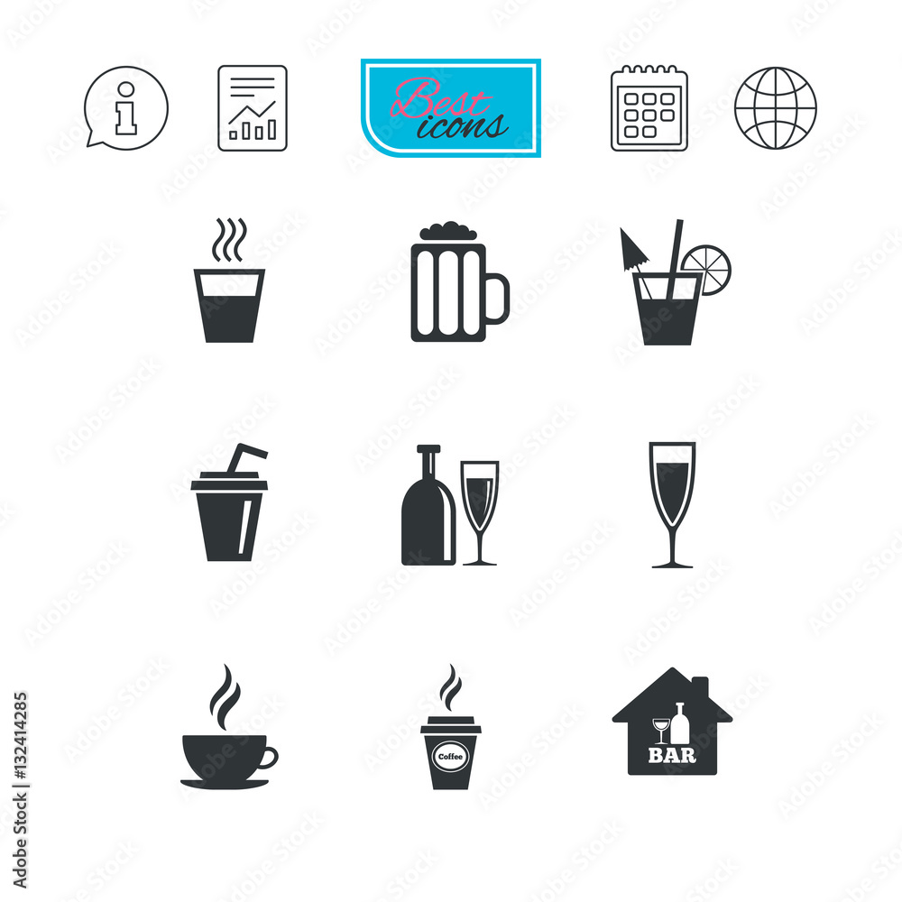 Cocktail, beer icons. Coffee and tea drinks. Cocktail, beer icons. Coffee and tea drinks.