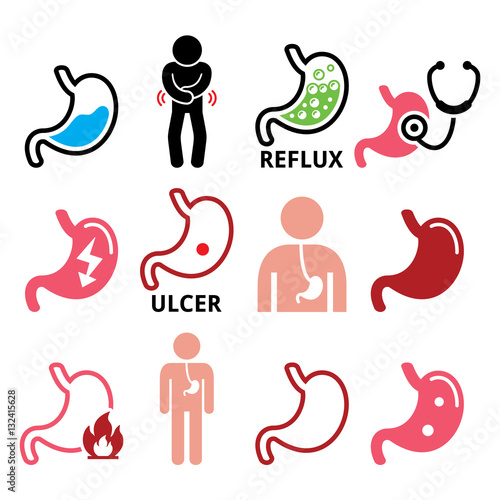 Stomach disease- reflux, ulcer vector icons set 