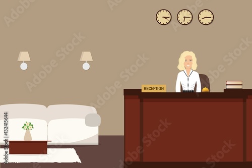 Hotel reception. Young woman receptionist stands at reception desk. There is a white sofa and table with flowers also in the picture. Travel, hospitality, hotel booking concept. Vector illustration