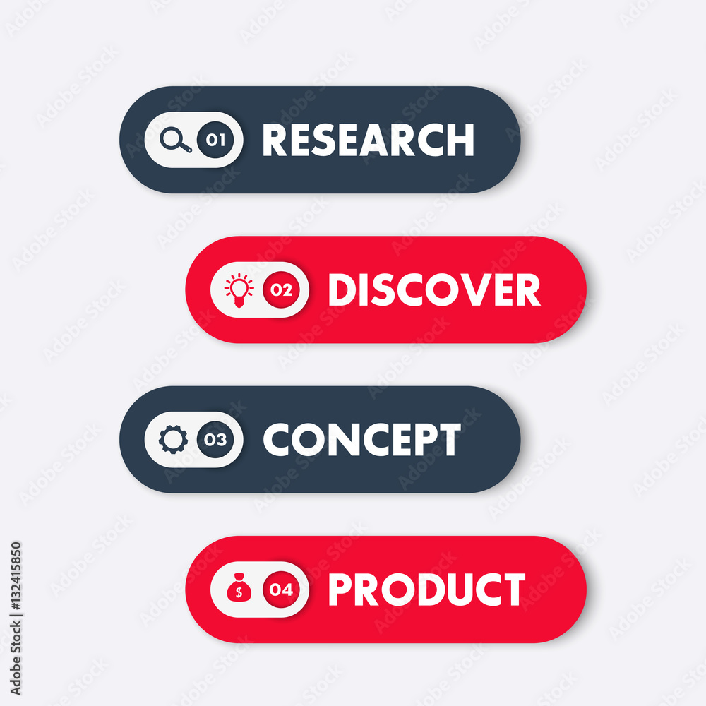 1, 2, 3, 4 steps, timeline, progress chart, infographics elements, labels in red and blue 1, 2, 3, 4 steps, timeline, progress chart, infographics elements, labels in red and blue