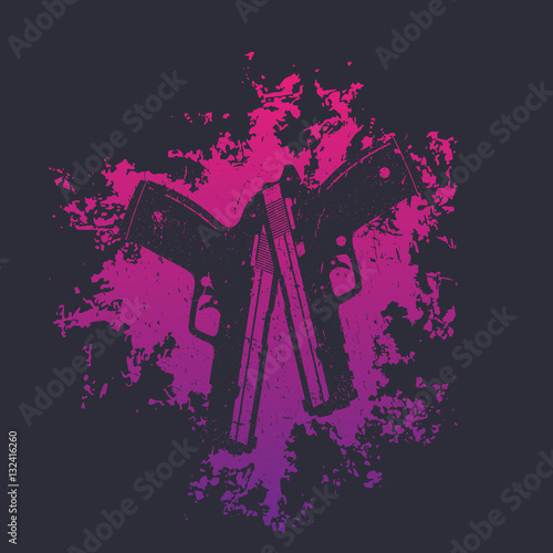 2 pistols on grunge splash, two crossed handguns on dark background, vector illustration