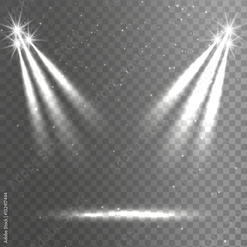 White lights dim light illuminating the podium, a set of various shapes and projections gleaming in the darkness abstract banner vector illustration. Transparent background