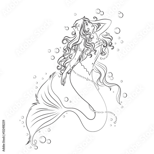 Coloring page - illustration. The Little Mermaid with a beads