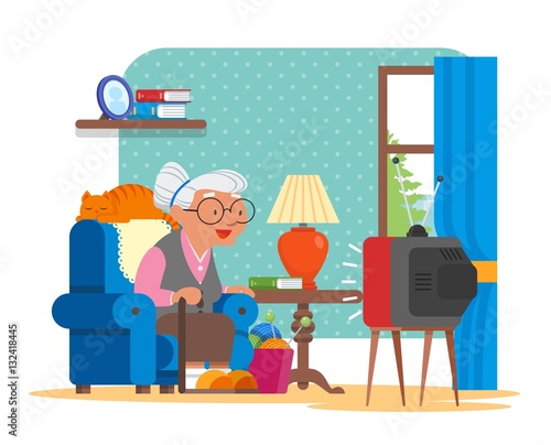 Vector illustration of grandmother sitting in armchair and watching TV