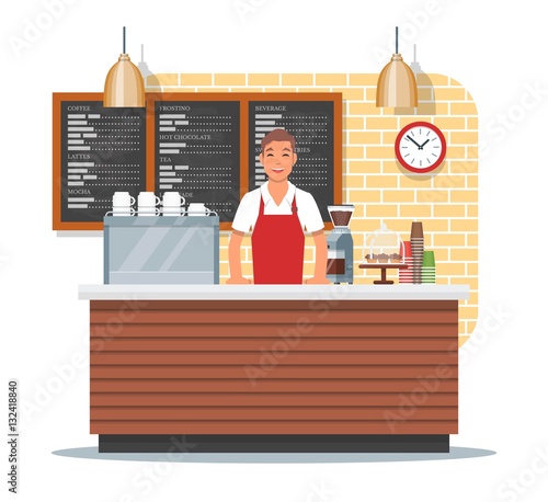 Vector illustration of coffee shop design with barista, flat style