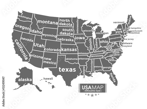 USA map. silhouette style complete with name of states