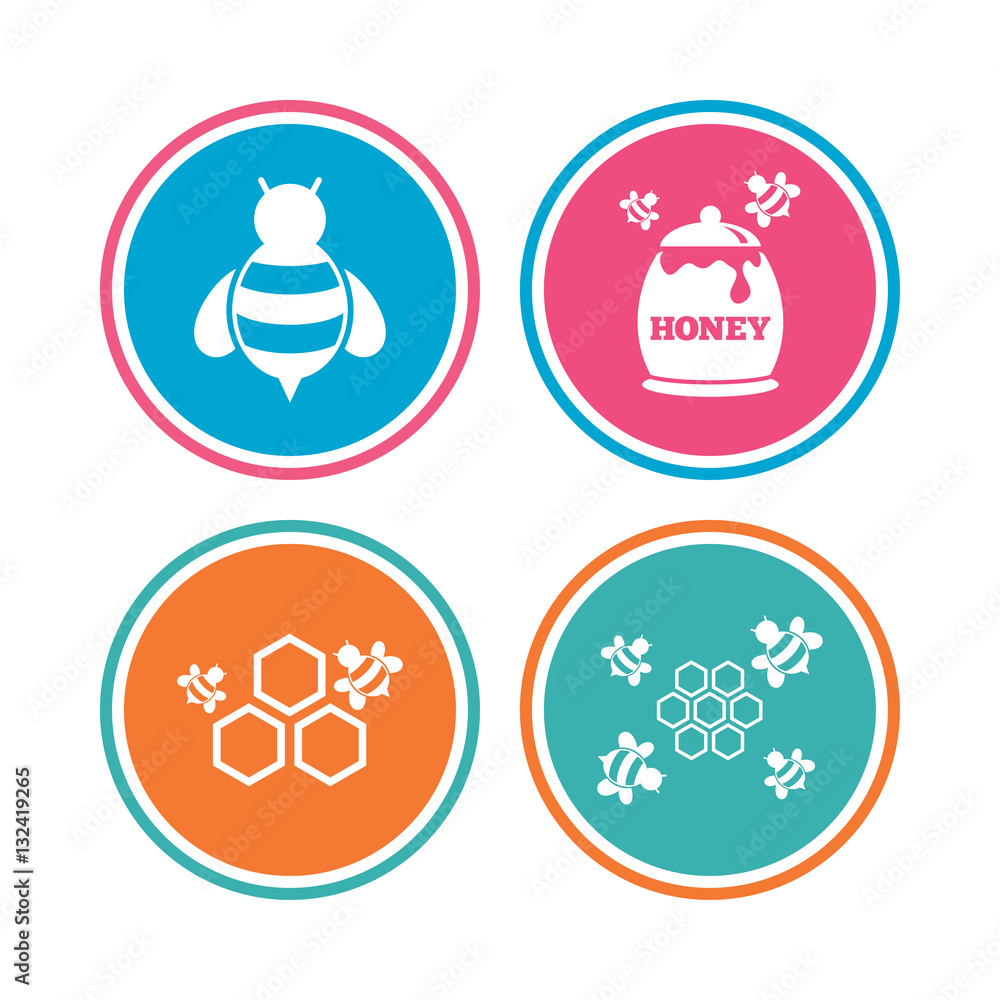 Honey icon. Honeycomb cells with bees symbol. Honey icon. Honeycomb cells with bees symbol.