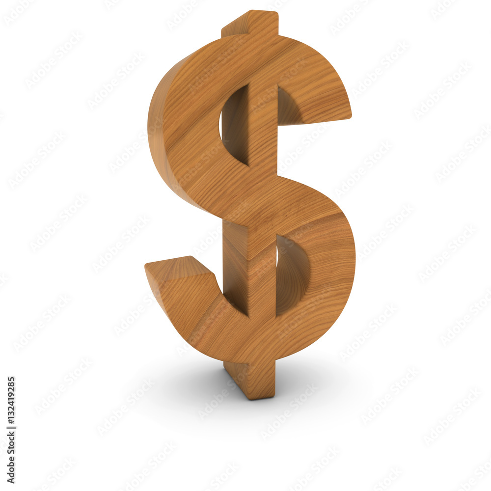 Wooden Dollar Sign Isolated on White with Shadows 3D Illustration Stock