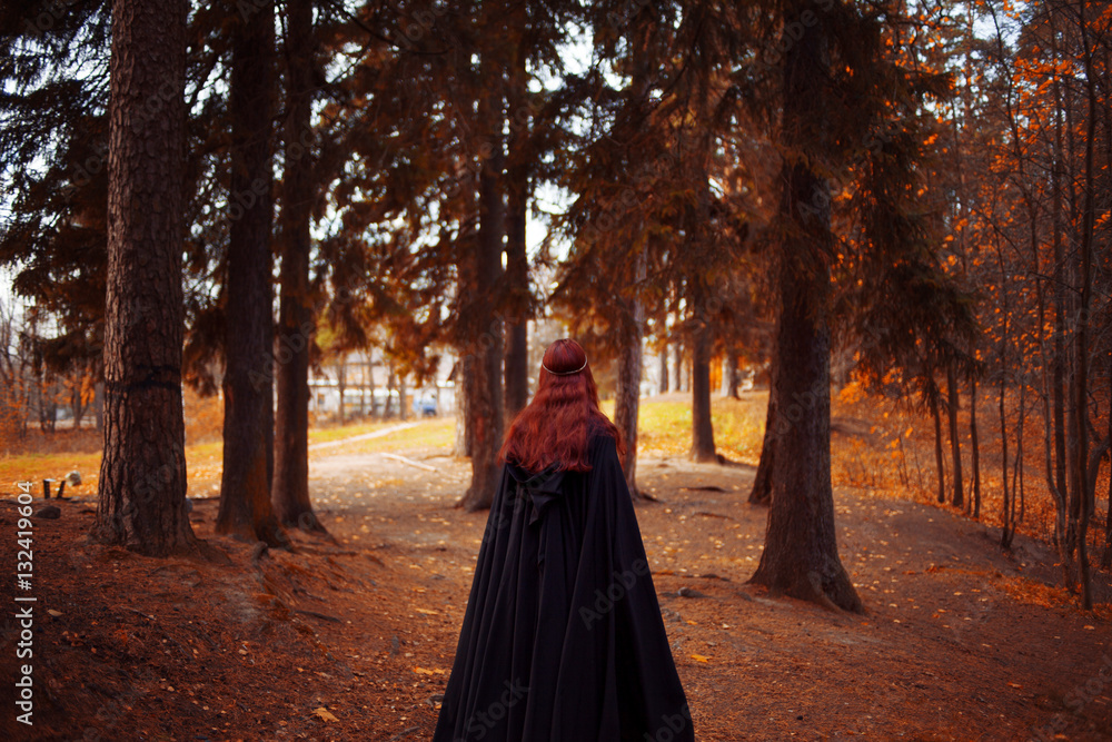 Young beautiful and mysterious woman in woods, in black cloak with hood, image of forest elf or witch, back Young beautiful and mysterious woman in woods, in black cloak with hood, image of forest elf or witch, back