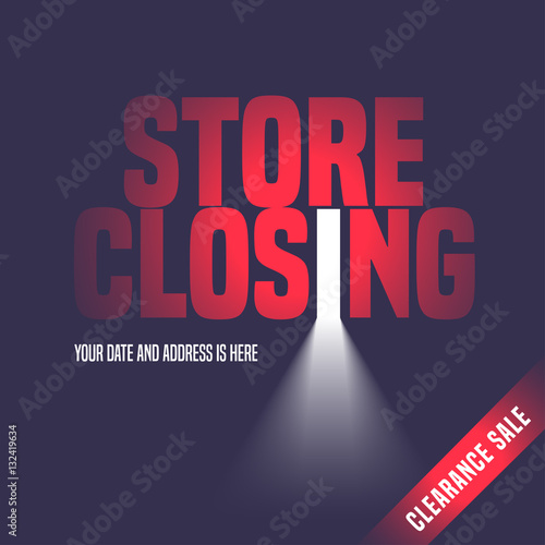 Store closing sale vector illustration, background with open door