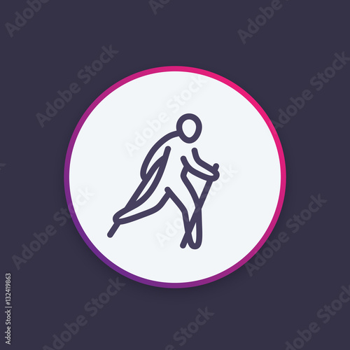 nordic walking icon in linear style, outdoor activity, vector illustration