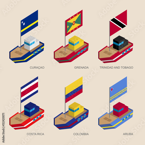 Set of isometric 3d ships with flags of American countries. Cartoon vessels with standards - Curacao, Grenada, Trinidad and Tobago, Costa Rica, Colombia, Aruba. Sea transport icons for infographics.