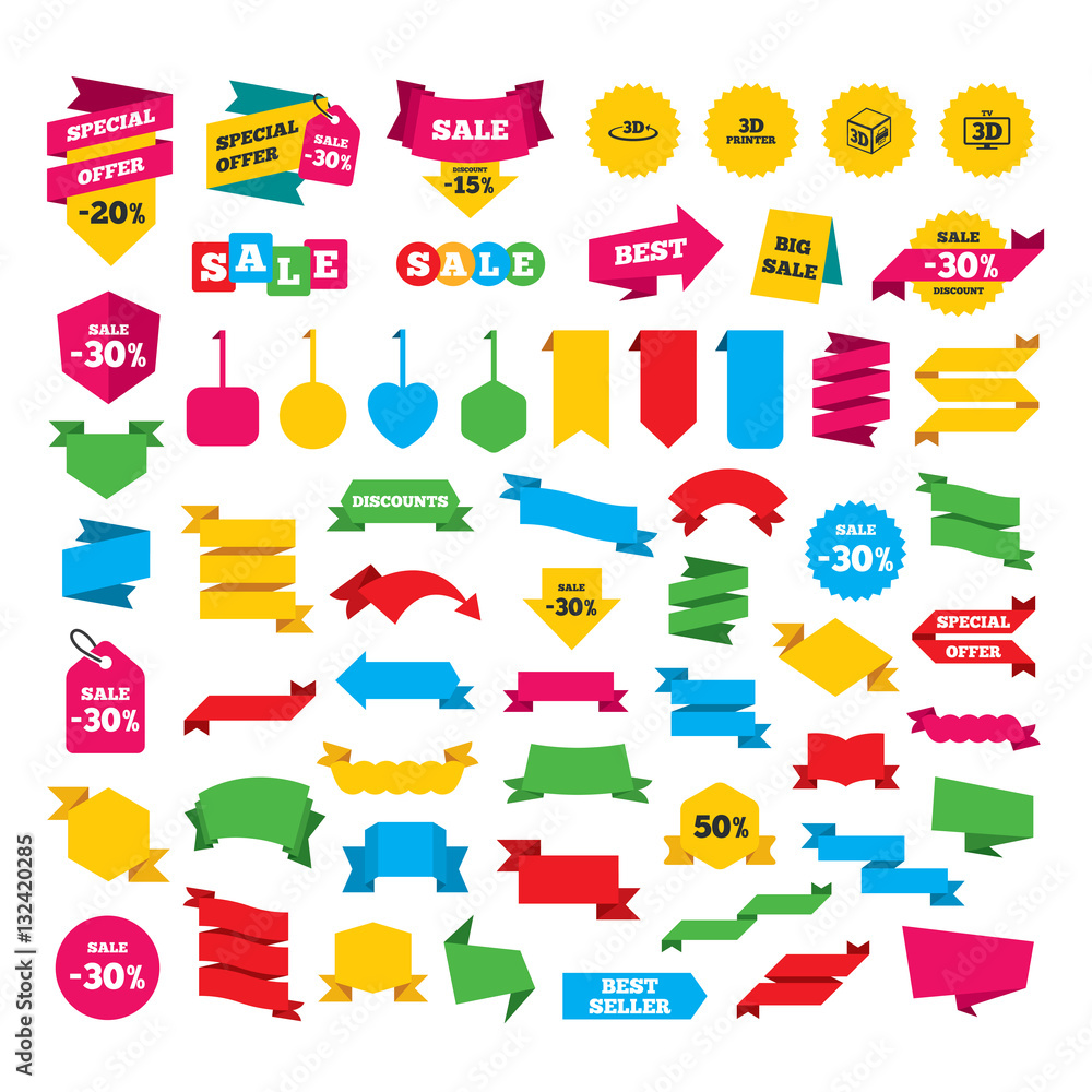 3d technology icons. Printer, rotation arrow.