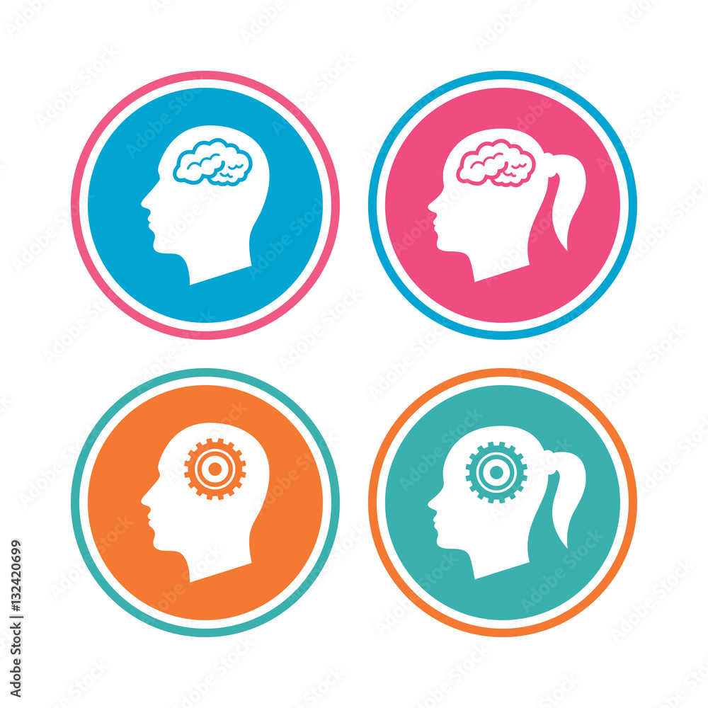 Head with brain icon. Male and female human symbols. Head with brain icon. Male and female human symbols.