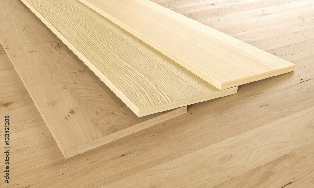 Parquet examples on wooden floor - 3D Rendering Parquet examples on wooden floor - 3D Rendering