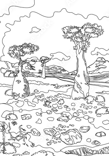 Hand drawing ornamental landscape trees and stones