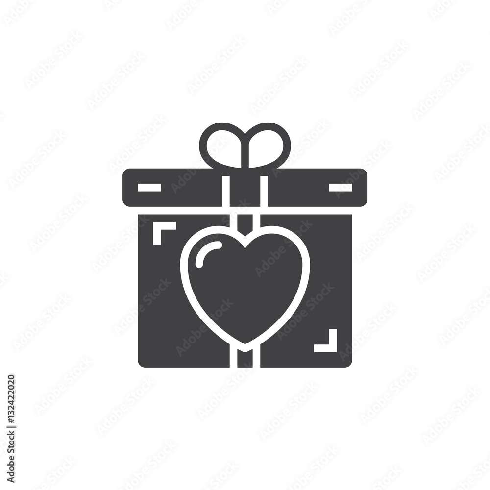 Present, gift box with heart icon vector, filled flat sign, solid pictogram isolated on white. Symbol, logo illustration Present, gift box with heart icon vector, filled flat sign, solid pictogram isolated on white. Symbol, logo illustration
