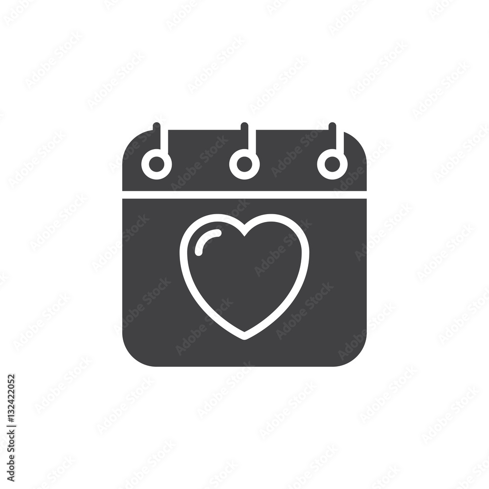 Calendar with heart icon vector, filled flat sign, solid pictogram isolated on white. Valentines day symbol, logo illustration Calendar with heart icon vector, filled flat sign, solid pictogram isolated on white. Valentines day symbol, logo illustration