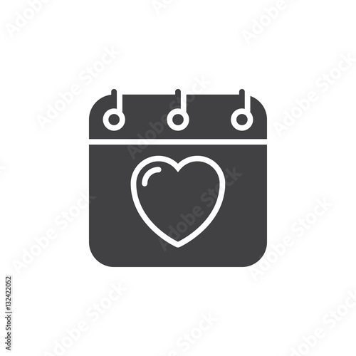Calendar with heart icon vector, filled flat sign, solid pictogram isolated on white. Valentines day symbol, logo illustration