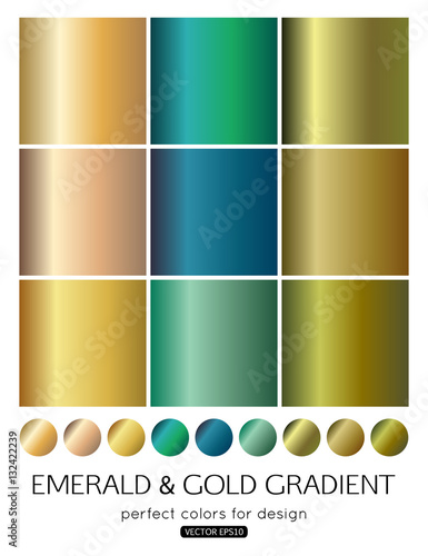 Set of emerald and gold gradients. Vector illustration.
