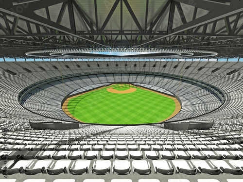 3D render of baseball stadium with white seats and VIP boxes