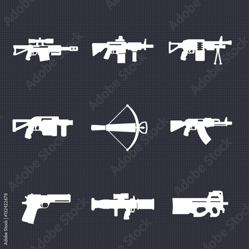 weapons, firearms icons set, automatic guns, sniper and assault rifles, crossbow, pistol, grenade, rocket launchers, vector illustration